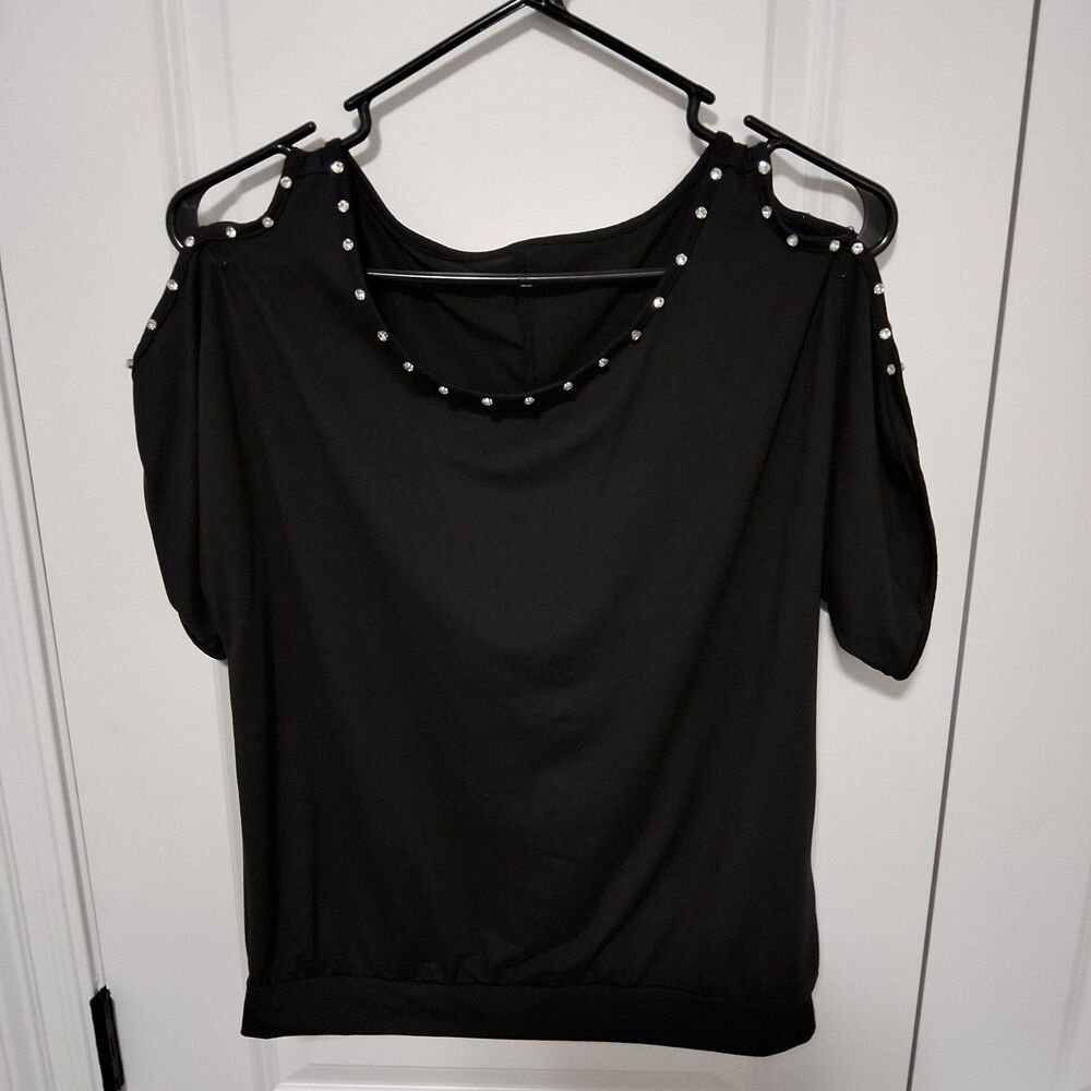 Shein Women's Cold-Shoulder Black Top Silver Stud Details Size Small